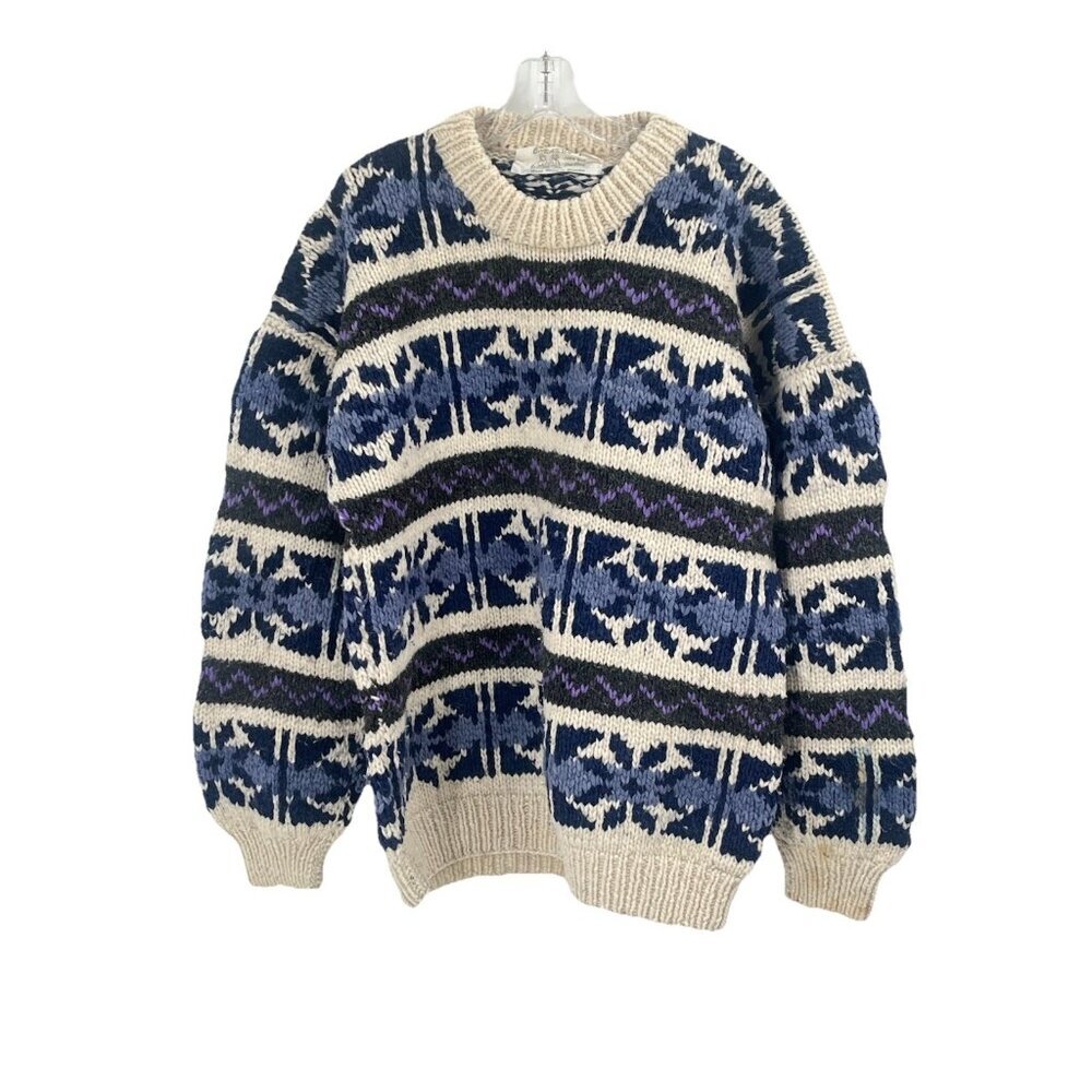 Handknit Made in Ecuador Artisan Wool Crew Neck Sweater All Over Print Sz L Men